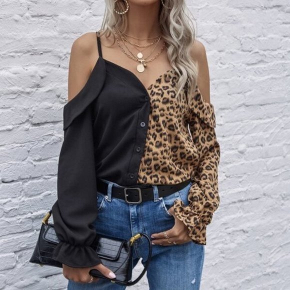 Animal Print Colorbloack Blouse top - Picture 2 of 6